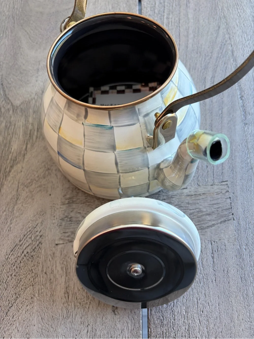 MacKenzie-Childs Sterling Check Enamel Tea Kettle 3 Quart - NEW without box